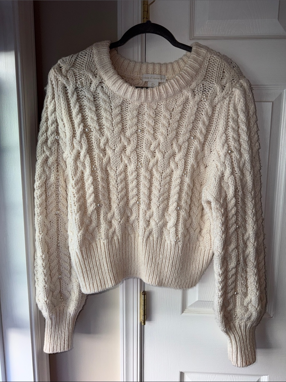 Cozy Cable Knit Crewneck Sweater - Cream with Pearls